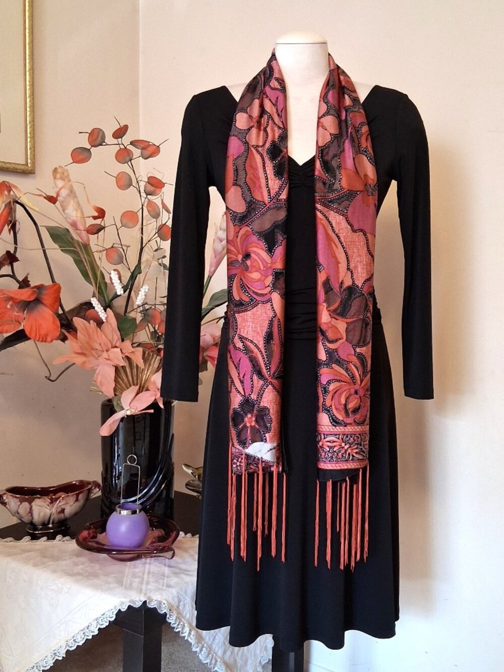 NWOT Vintage Lightweight Floral Print Long Scarf Wrap Wearable Art Scarves